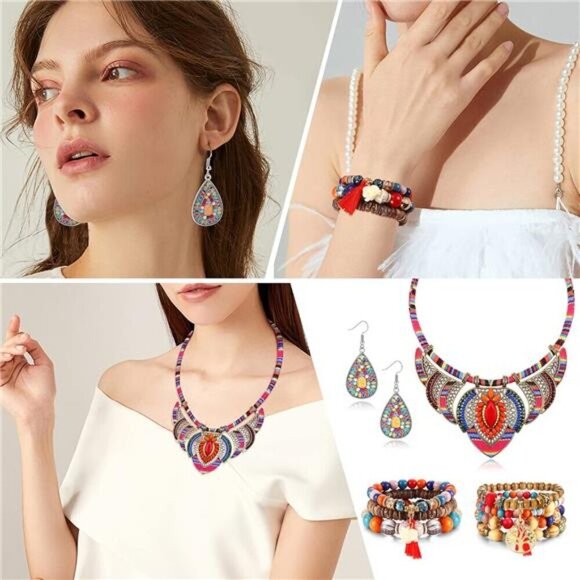 4 Pcs Bohemian Jewelry Set for Women Style Costume Necklace Colorful beads - Picture 5 of 5
